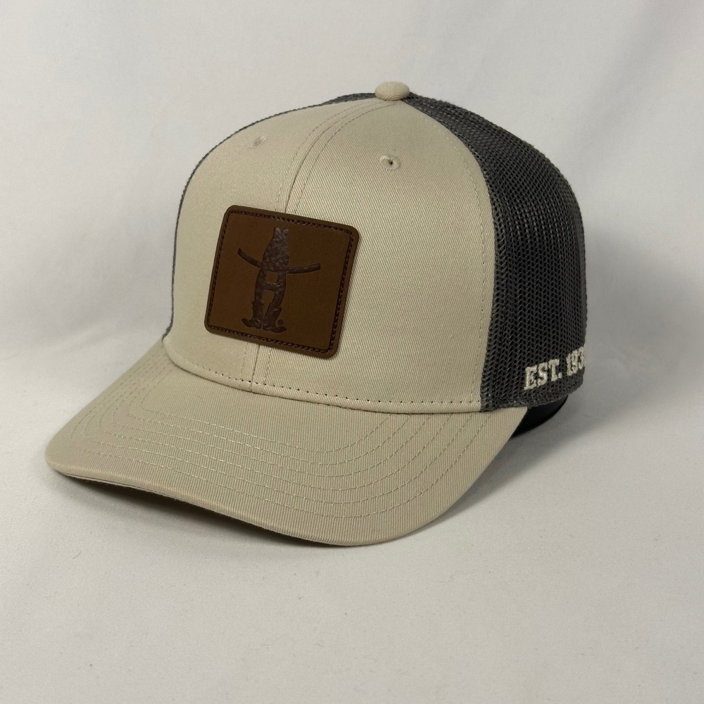Houston Livestock Show and Rodeo Trucker Hat OSFA Tan Grey Leather Patch Cap